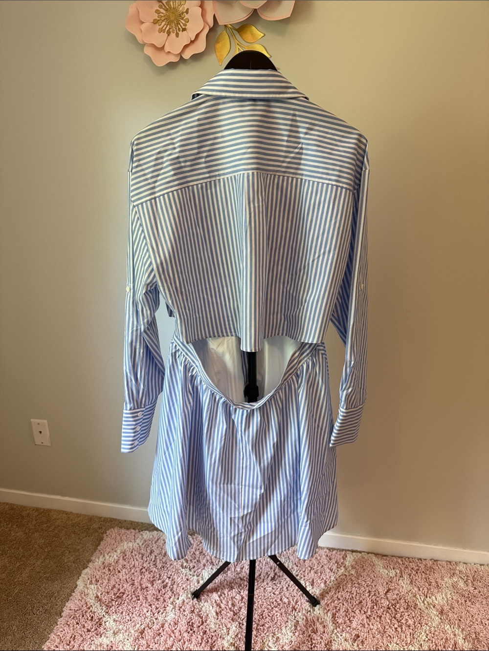 Striped Blue and White Shirt Dress - Women's Casual Collared Dress - Picture 3 of 3